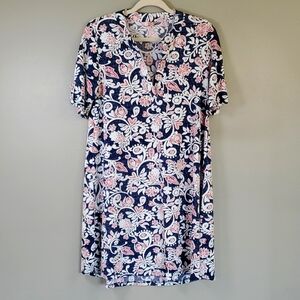 SJS Navy, White And Red Floral Short Sleeve Dress. Size Large